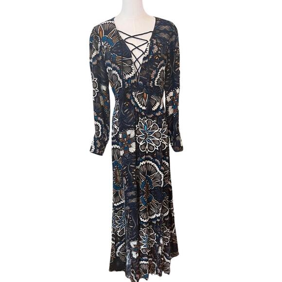 H&M Boho Goddess Maxi Dress Navy Print Lace Up Slit Thigh Size 8 Wedding Guest - Picture 2 of 12